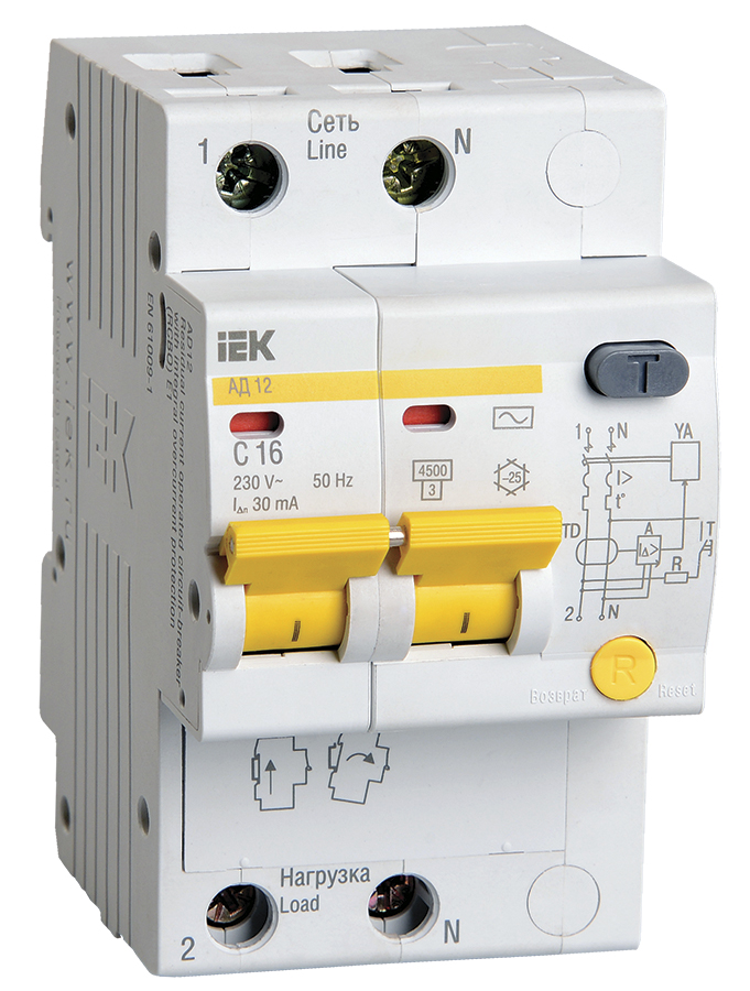 Выключатель автоматический дифференциального тока АД 16А 2П двухполюсный характеристика C 4,5кА 30мА AC АД-12 MAD10-2-016-C-030 IEK (1м)
