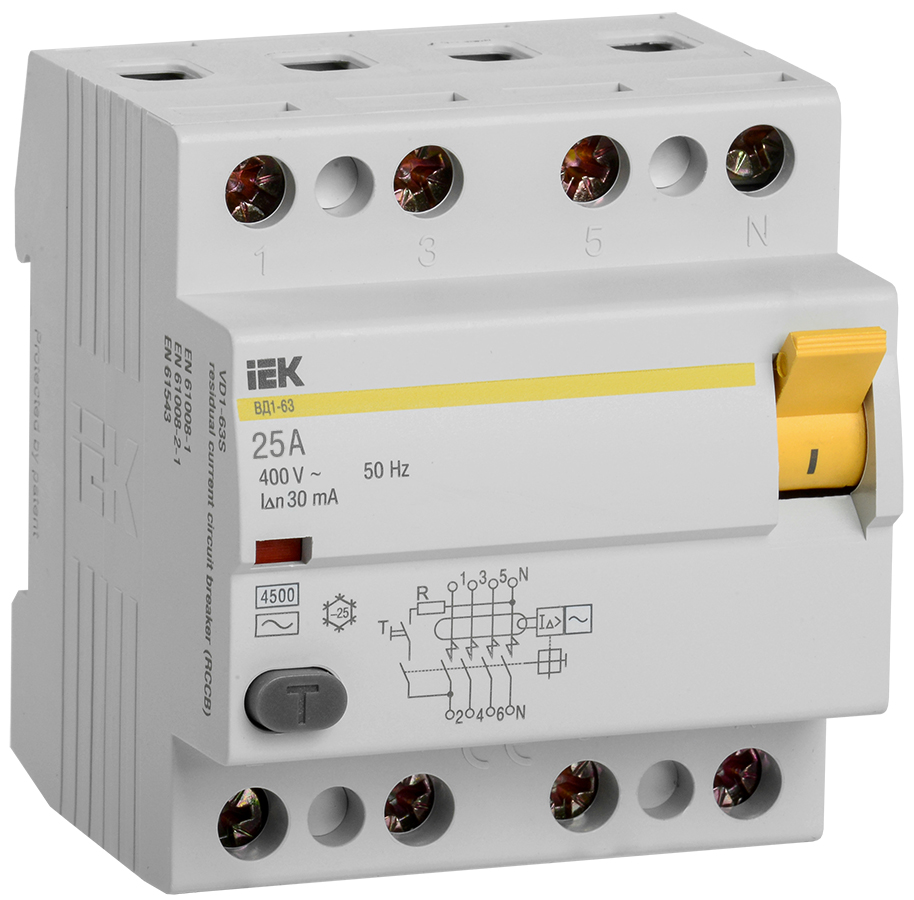 Выключатель дифференциального тока ВДТ (УЗО) 25А 4П четырехполюсный 4,5кА 30мА AC ВД1-63 MDV10-4-025-030 IEK