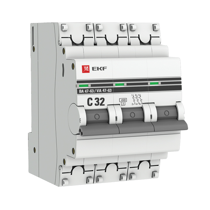 Выключатель автоматический 32А 3П трехполюсный характеристика C 4,5kA тип AC ВА47-63 PROxima mcb4763-3-32C-pro EKF