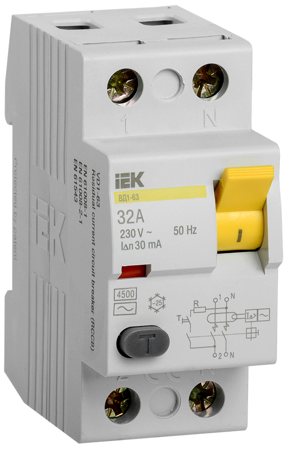 Выключатель дифференциального тока ВДТ (УЗО) 32А 2П двухполюсный 4,5кА 30мА AC ВД1-63 MDV10-2-032-030 IEK (1м)