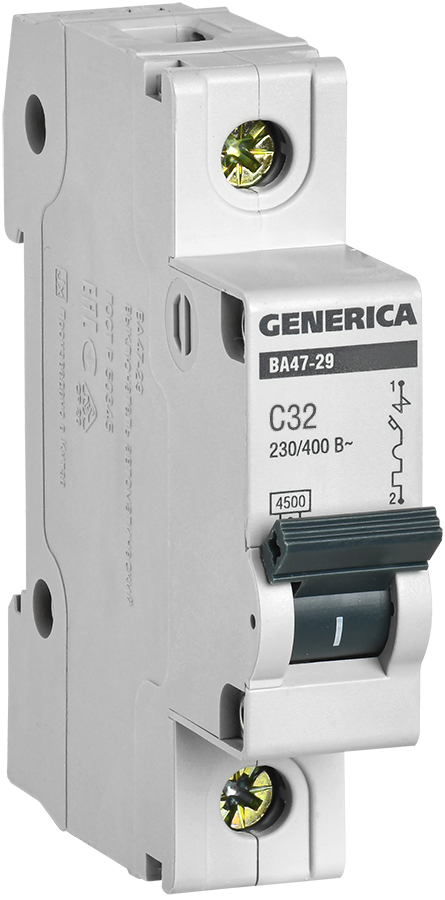 Выключатель автоматический 32А 1П однополюсный характеристика С 4,5кА  ВА47-29 GENERICA MVA25-1-032-C IEK (1м)