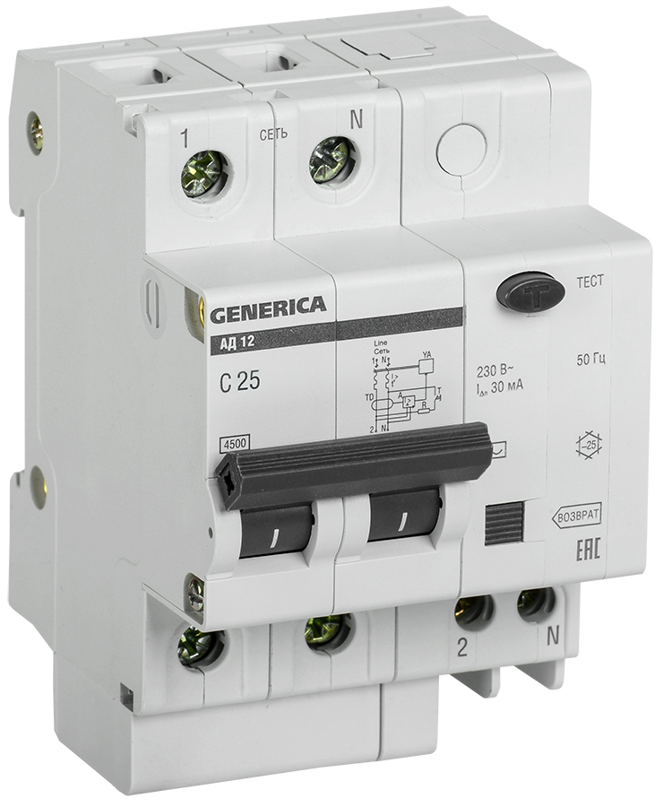 Выключатель автоматический дифференциального тока АД 25А 2П двухполюсный характеристика C 4,5кА 30мА GENERICA MAD15-2-025-C-030 IEK