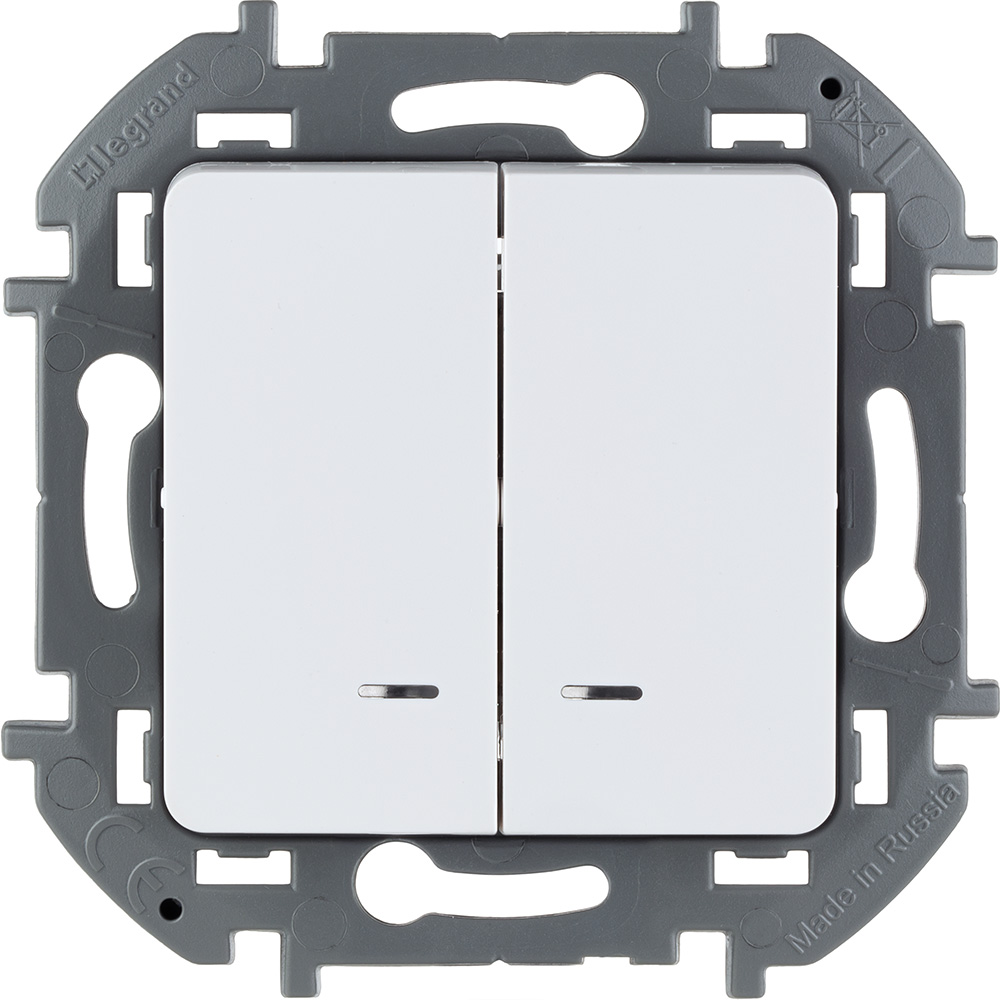 Выключатель двухклавишный INSPIRIA скрытой установки 10A с подсветкой/индикацией 250В схема 5а белый 673630 Legrand