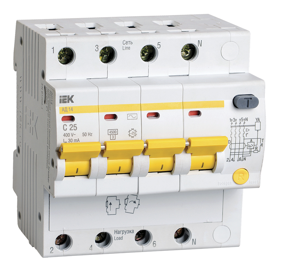 Выключатель автоматический дифференциального тока АД 25А 4П четырехполюсный характеристика C 4,5кА 30мА AC АД-14 MAD10-4-025-C-030 IEK