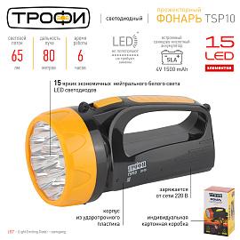 Фонарь светодиодный 15LED TSP10 Трофи аккумулятор с вилкой 220В 2 режима Б0016537 ЭРА