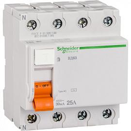 Выключатель дифференциального тока ВДТ (УЗО) 25А 4П четырехполюсный 30мА тип AC Домовой ВД63 11460 Schneider Electric (1м)