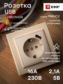 Розетка одинарная Минск скрытой установки с заземлением со шторками с USB 16А в сборе бежевый 1А ERR16-028-200-USB EKF