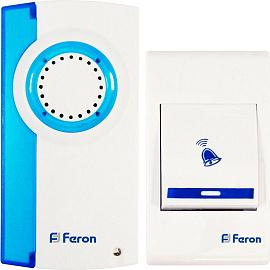 Звонок дверной беспроводной Е-221  2*1,5V/AA (32 мелодии) кнопка IP20 белый синий 23677 Feron