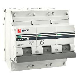 Выключатель автоматический 80А 3П трехполюсный характеристика C 10kA тип AC ВА47-100 PROxima mcb47100-3-80C-pro EKF