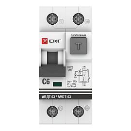 Выключатель автоматический дифференциального тока АВДТ 6А 2П двухполюсный характеристика C 6kA 30мА тип A электронный АВДТ-63 DA63-6-30e EKF