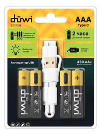 Комплект аккумуляторов ААА 4PACK Li-Ion 1.5V с кабелем USB Type C, 62013 6, DUWI