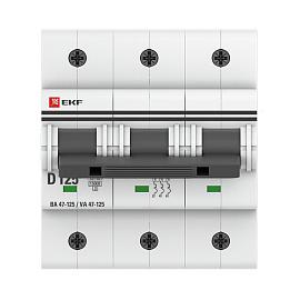 Выключатель автоматический 125А 3П трехполюсный характеристика D 15kA тип AC ВА47-125 PROxima mcb47125-3-125D EKF