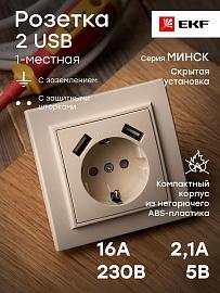 Розетка одинарная с 2 USB Минск скрытой установки с заземлением 116А+2,1А+2,1А со шторками в сборе бежевый ERR16-028-200-2 USB EKF