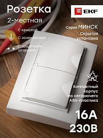 Розетка двойная Минск скрытой установки IP44 с заземлением с крышкой со шторками 16А в сборе белый ERR16-129-200-44 EKF