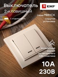 Выключатель двухклавишный Минск скрытой установки с индикацией 10А бежевый ERV10-123-20 EKF