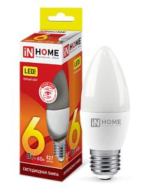Лампа светодиодная LED-свеча-VC 6Вт 230В E27 3000К 480Лм 4690612020402 IN HOME