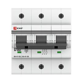 Выключатель автоматический 80А 3П трехполюсный характеристика D 15kA ВА47-125 PROxima mcb47125-3-80D EKF