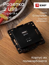 Стокгольм Механизм Розетки с 2USB type-A + type-C черный  EKF PROxima