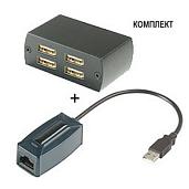 Удлинитель USB 2.0 по кабелю витой пары до 60м (CAT5/5e/6) со встроенным расширением на 4 порта (USB-HUB).UE03 SC&T