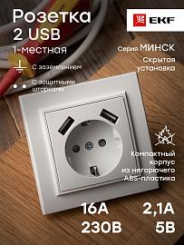 Розетка одинарная с 2 USB Минск скрытой установки с заземлением 16А+2,1А+2,1А со шторками в сборе белый ERR16-028-100-2 USB EKF