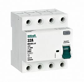 Выключатель дифференциального тока ВДТ (УЗО) 32А 4П четырехполюсный 6кА тип AC УЗО03-6кА-4P-032А-300-AC УЗО-03 14250DEK DEKraft