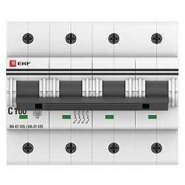Выключатель автоматический 100А 4П четырехполюсный характеристика C 15kA ВА47-125 PROxima mcb47125-4-100C EKF