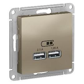 Розетка USB двойная Atlasdesign скрытой установки 5В двухместная 2,1А+1,05А механизм шампань ATN000533 Systeme Electric