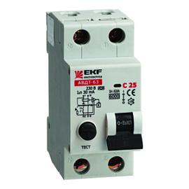 Выключатель автоматический дифференциального тока АВДТ 25А 2П двухполюсный характеристика C 6kA 30мА тип A электромеханическое АВДТ-63 DA63-25-30 EKF