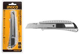 Нож канцелярский (строительный) металлический 18 мм 100 мм, автостоп INGCO HKNS1807