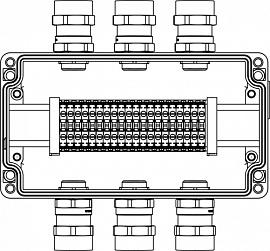 Взрывозащищенный корпус из алюминия 220x120x90мм1Ex e IIC Т5 Gb / Ex tb IIIB T95°C Db IP66 Температурный режим Т5 40°C Количество клемм:CBC.4 20 шт. Ток АВводыСторона А:Взрывозащищенный кабельный ввод ANS под небронированный кабель M20х1,5D5,5-13мм. Никел